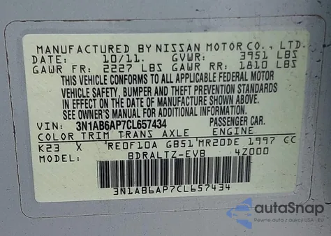 2012 Nissan Sentra 2.0 Sr z USA, uszkodzony, nr VIN 3N1AB6AP7CL657434